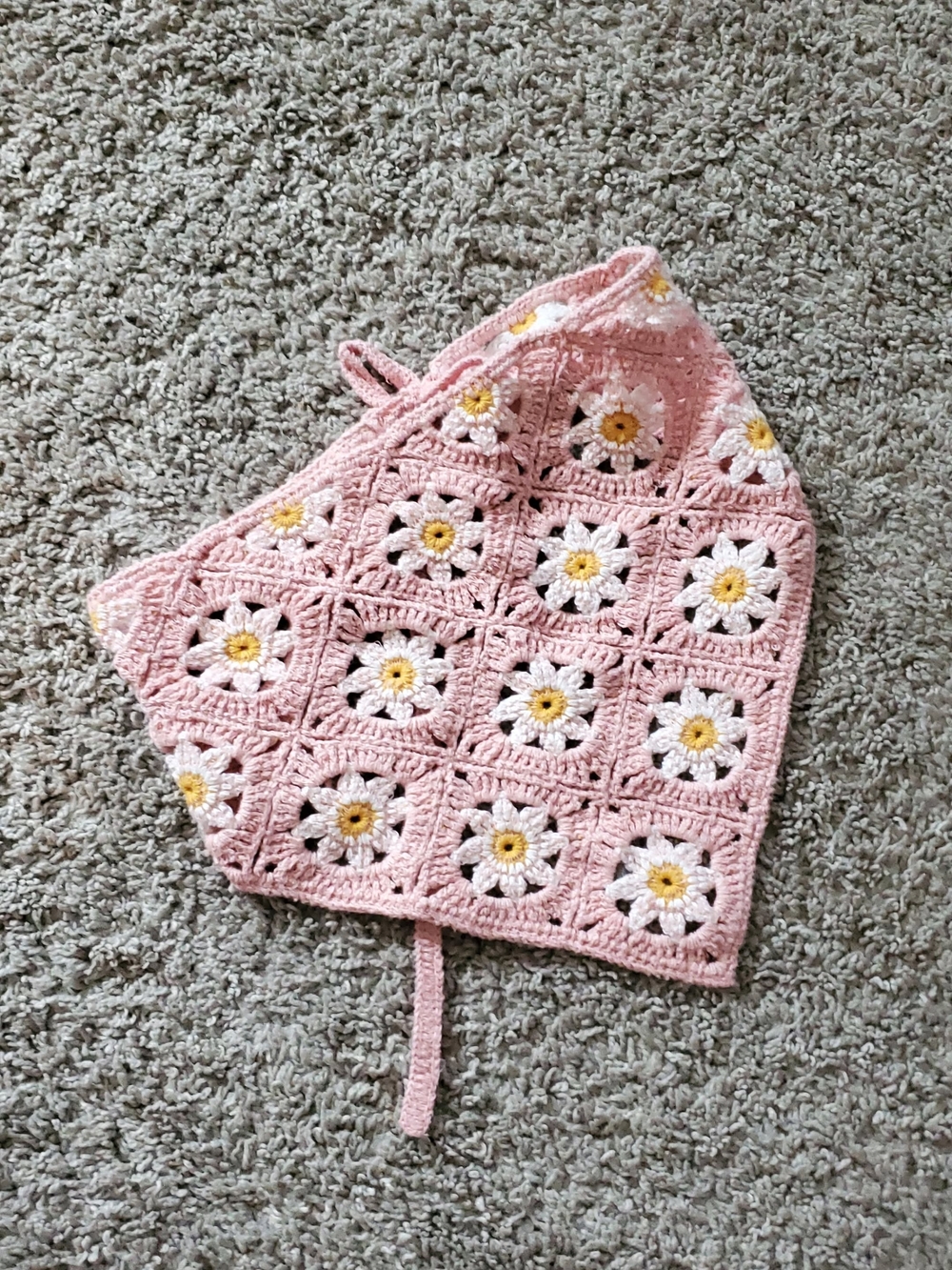 Pink Crochet Daisy Bonnet/Scarf. Coquette, Cute, Boho-chic.